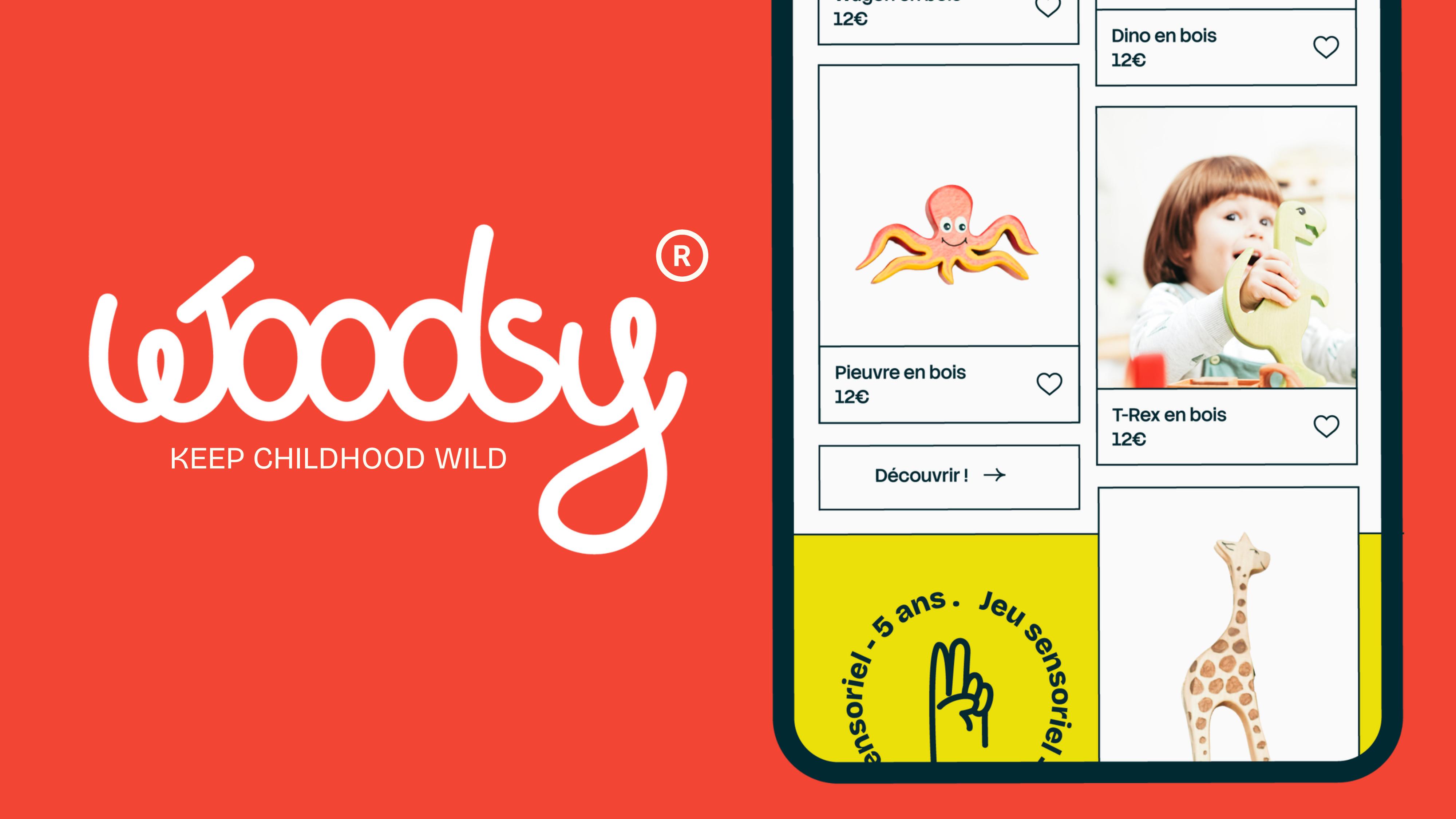Visuel de la marque Woodsy : logo et aperçu de l'application mobile de jouets en bois